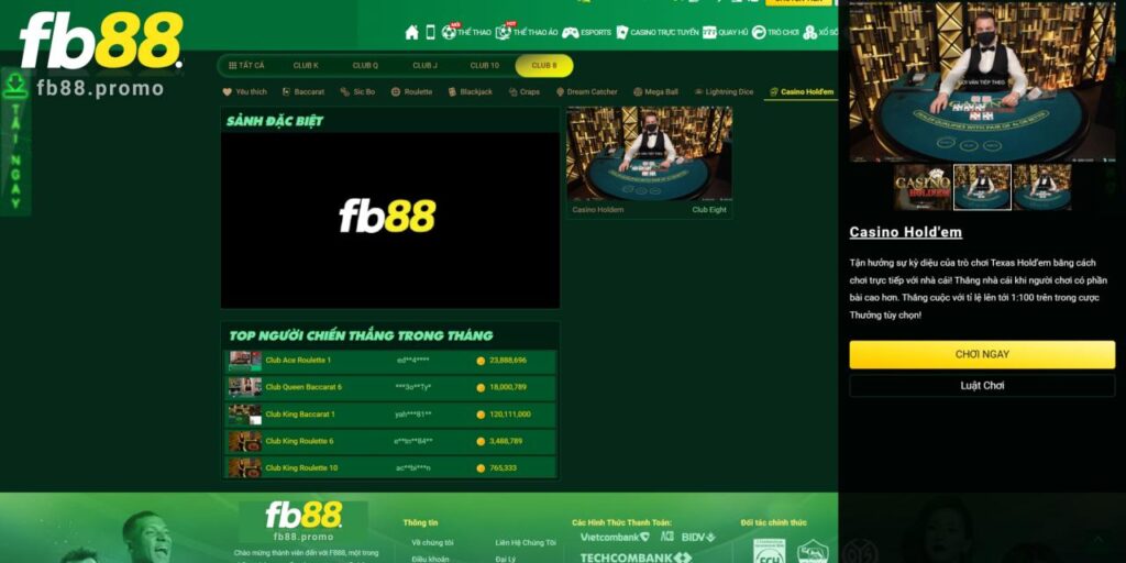 Club Eight Fb88 - Cơ Hội Trải Nghiệm Sòng Bạc Đỉnh Nóc 3 Chơi Casino Hold’em nhận thưởng lớn tại Fb88